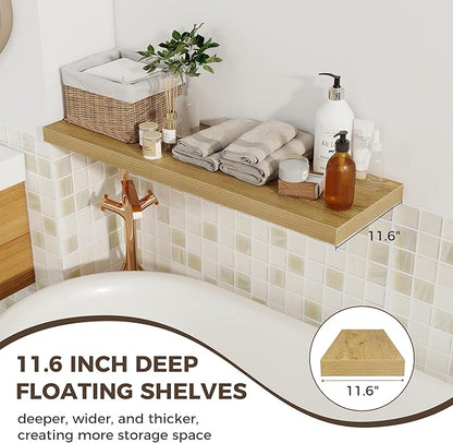 Fun Memories 12 Deep Floating Shelves, 40W x 12D Floating Shelves for Wall Set of 2, Extra Deeper Hanging Wood Shelves for Wall for Living Room Kitchen Laundry Room Kitchen Home Office - Oak