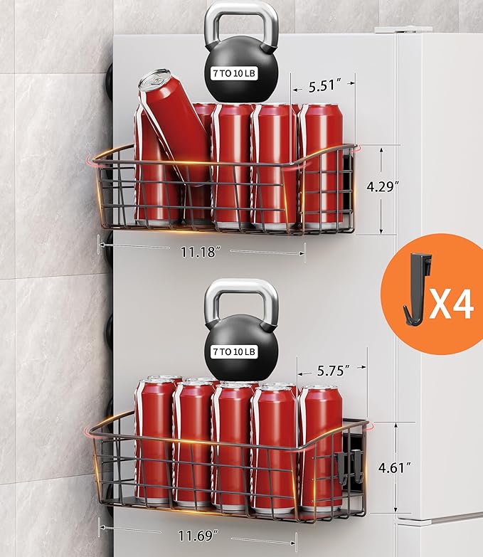 Magnetic Shelf for Refrigerator 2-Pack, Strong Magnetic Spice Rack with Removable Hooks for Kitchen Storage, Fruit Potato Onion Storage Shelves, Large Magnetic Basket Organizer for Fridge Oven Laundry
