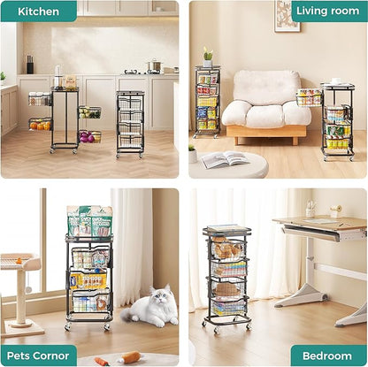 4 Tier Kitchen Fruit Vegetable Storage Cart with One-Piece Rotating Basket, Pantry Organizer Shelf Rack Floor Stand for Veggie Onion Potato Produce Spice, Rolling Snack Cart on Wheels, Black