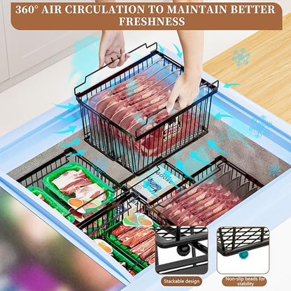 ANJUBAN Large Freezer Organizer Bins，Upgraded Bottom Leak-Proof net，Fit 5 to 9 Cu Ft Chest Freezer，5 Pack， Expandable Stackable Chest Freezer Containers with Handle (Black-5P)