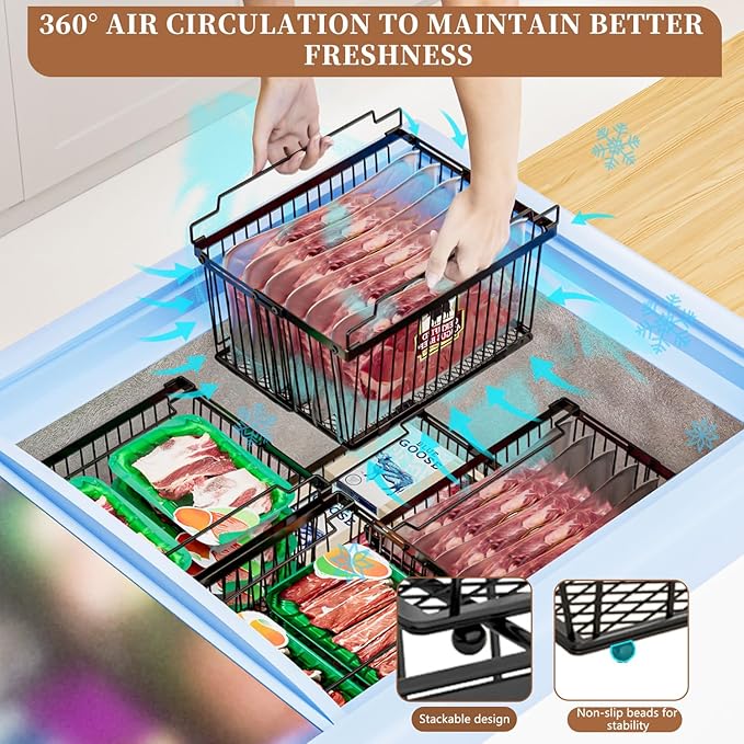 ANJUBAN Large Freezer Organizer Bins，Upgraded Bottom Leak-Proof net，Fit 5 to 9 Cu Ft Chest Freezer，6 Pack， Expandable Stackable Chest Freezer Containers with Handle (Black-6P)