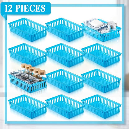 Wenqik Set of 12 Plastic Baskets for Organizing 10.24 x 6.5 x 2.36 Inch Rectangular Trays Plastic Organizer Bins Rectangle for Desk Organization (Blue)