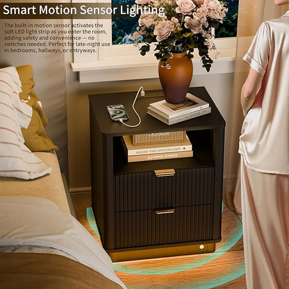 BONITURE Led Fluted Nightstand, Smart Curved Night Stand with Charging Station Lighting, Wood End Table with 2 Drawers, Modern Side Table Storage Cabinet for Bedroom Office,(1, Black)