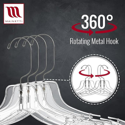Mainetti 5400SCR Clear Plastic Hangers - 20 Pack with 360 Swivel Metal Hook and Notches for Straps, Great for Shirts/Tops/Dresses/Jackets, 17-Inch