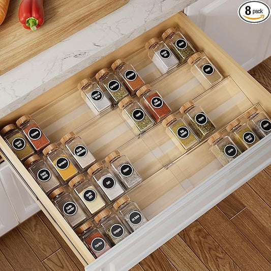 Brippo 8-Pack Spice Drawer Organizer, Expandable Acrylic Seasoning Rack (13" to 26") with Anti-Slip Mat, Kitchen Spice Rack Drawer Holds up to 56 Jars (Jars Not Included)
