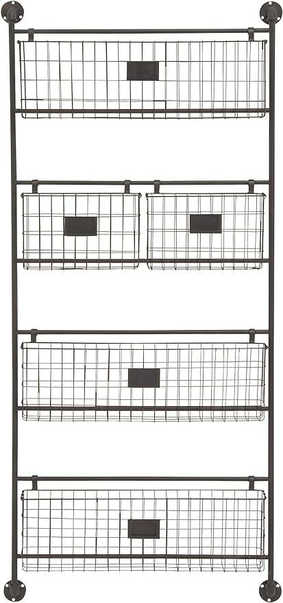 Deco 79 Metal Tall Wire 5 Slot Magazine Rack Holder with Suspended Baskets and Label Slots, 27" x 5" x 61", Black