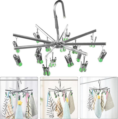 Drying Hanger, Hanging Drying Rack, Drip Hanger Stainless Steel with 16 Pegs for Laundry Underwear Socks, Quickly Remove Clothes from Hanger, Windproof, Folding Portable, (Green)