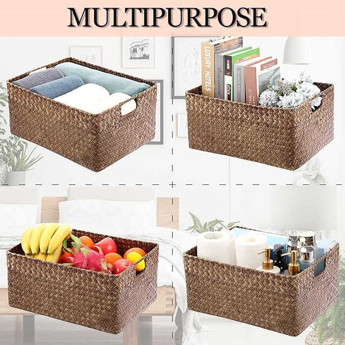 Hipiwe Seagrass Storage Baskets Bin for Shelf Handwoven Wicker Baskets Built-in Handles Rectangular Closet Bedroom Organizer Box Multipurpose Storage Basket Organizer,16.1"L x11.8"W x7.7"H
