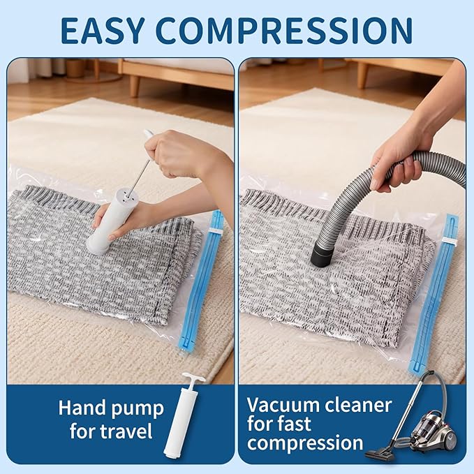 ZoeEnjoyLife Vacuum Storage Bags for Clothing Travel,7 Pack Vacuum Bags with Pump,Space Saver Bag for Clothes Travel & Home (2 Roll Up Bags,1 Small,1 Medium,1 Large,1 Jumbo,1 Super Jumbo)