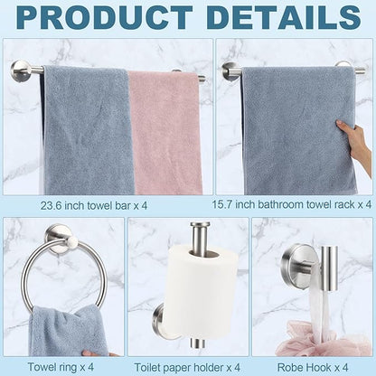 Gisafai 20 Pcs Bathroom Hardware Set, 23.6 Inch Brushed Towel Bar Ring Toilet Paper Holder Robe Towel Hook, Sus304 Stainless Steel Bathroom Accessory Set Wall Mounted (Silver)