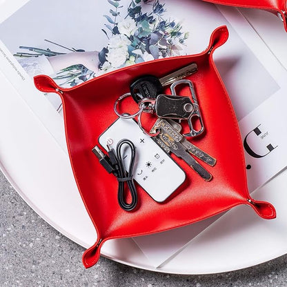 SANQIANWAN Leather Jewelry Valet Tray for Women and Man, Portable Entryway Table Tray Bedside Nightstand Desk Tray Small Catchall Travel Dish Plate for Key,Wallet,Watch,Coin (Red-B)