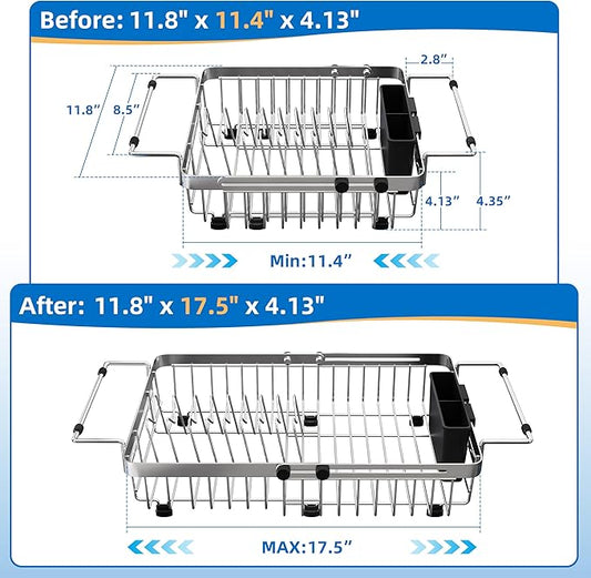 romision Expandable Dish Drying Rack Over The Sink Small Metal Stainless Steel Plate Holder for Compact Kitchen, Space Saving Modern Silver Hanging Drainer