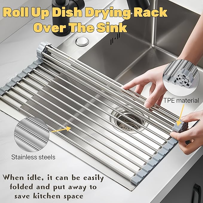 Sayehuanye Roll Up Dish Drying Rack, 19.7" x 15.8" Over The Sink Dish Drying Rack, Kitchen Dish Rack Foldable Dish Drainer, Stainless Steel Dish Drying Rack for Kitchen Sink Counter Storage (Grey)