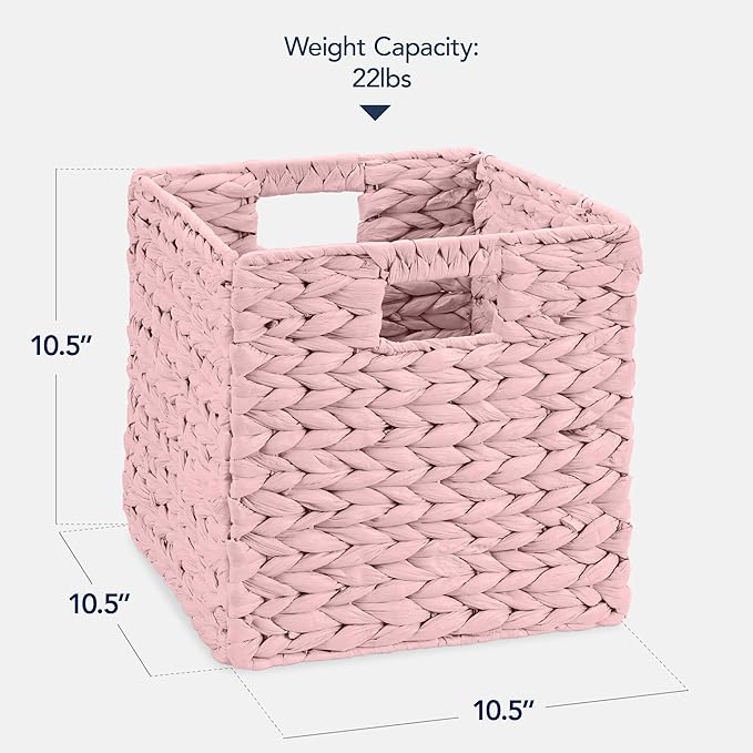 Best Choice Products 10.5x10.5in Pack of 5 Cube Storage Baskets, Water Hyacinth Multipurpose Collapsible Organizers, Handwoven Toy Storage Totes for Kids Room, Nursery & Living Room - Pink