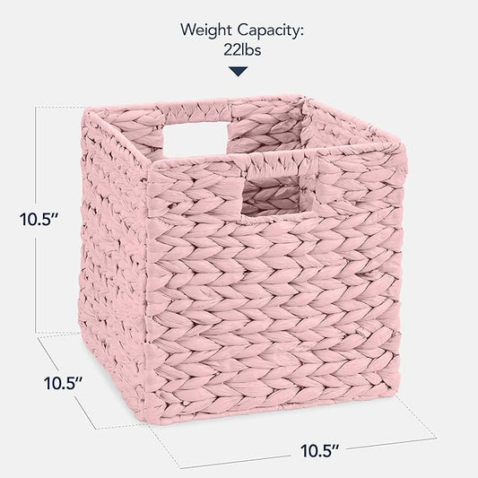 Best Choice Products 10.5x10.5in Pack of 5 Cube Storage Baskets, Water Hyacinth Multipurpose Collapsible Organizers, Handwoven Toy Storage Totes for Kids Room, Nursery & Living Room - Pink