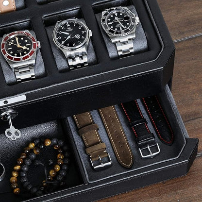 ROTHWELL 12 Slot Leather Watch Box with Valet Drawer - Luxury Watch and Jewelry Case Display Organizer, Microsuede liner, Mens Locking Storage Holder Large Glass Top (Black/Grey)