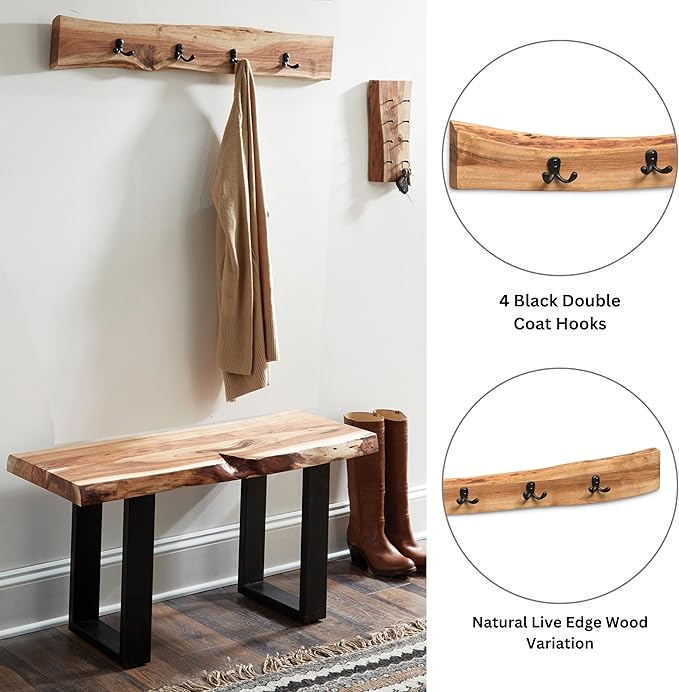 Alpine Natural Live Edge Wood 36-Inch Coat Rack – Wall-Mounted with 4 Durable Black Metal Hooks and Clear Finish for Entryway, Hallway, or Mudroom by Alaterre Furniture