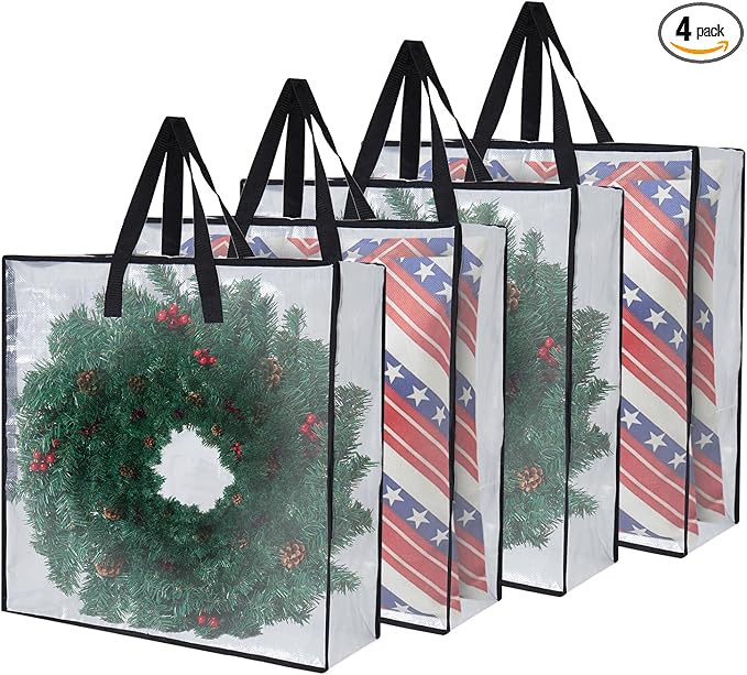 Clear Storage Bags 4-Pack, Versatile Moving Bags & Under Bed Storage Solution for Wreath Storage Container, Holiday Decor, Camping Gear - Ideal Moving Supplies and Stadium Approved Clear Bag
