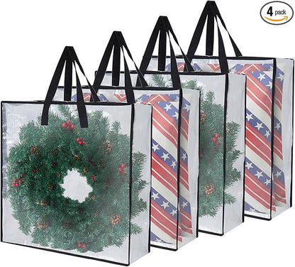 Clear Storage Bags 4-Pack, Versatile Moving Bags & Under Bed Storage Solution for Wreath Storage Container, Holiday Decor, Camping Gear - Ideal Moving Supplies and Stadium Approved Clear Bag