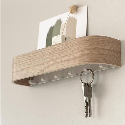 Kazai.® Key Holder 'Toke' | Minimalist Key Hook Design from Berlin | Modern Key Holder Wall Mount with Wooden Shelf | Key Rack for Wall as Entryway Organizer | Oak, White