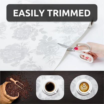18X96 Inch Shelf Liner for Kitchen Cabinets, PVC Drawer Liner for Dresser Non-Slip Bathroom, Non-Adhesive Cabinet Liner Washable (White Flower)(1 Roll)
