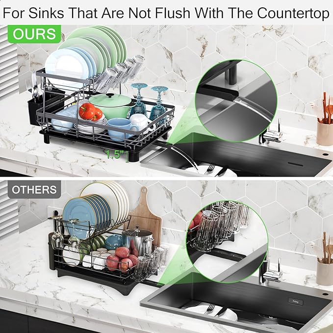 DMTXCRP Dish Drying Rack, Space Saving & Durable, Rust-Proof Large 2 Tier Stainless Steel Dish Racks for Kitchen Counter with Cutlery & Cup Holder & Drainboard -Grey