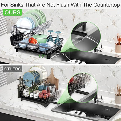 DMTXCRP Dish Drying Rack, Space Saving & Durable, Rust-Proof Large 2 Tier Stainless Steel Dish Racks for Kitchen Counter with Cutlery & Cup Holder & Drainboard -Grey