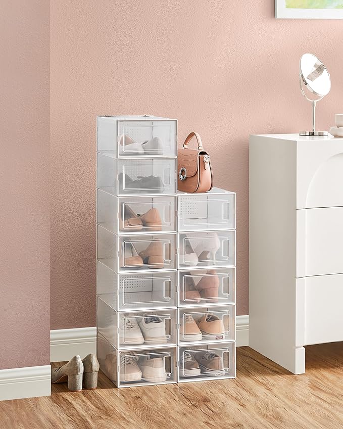 SONGMICS Shoe Boxes, Pack of 24 Shoe Storage Organizers, Stackable Clear Plastic Boxes for Closet, Sneakers, 13.1 x 9.1 x 5.6 Inches, Transparent and White ULSP906W12
