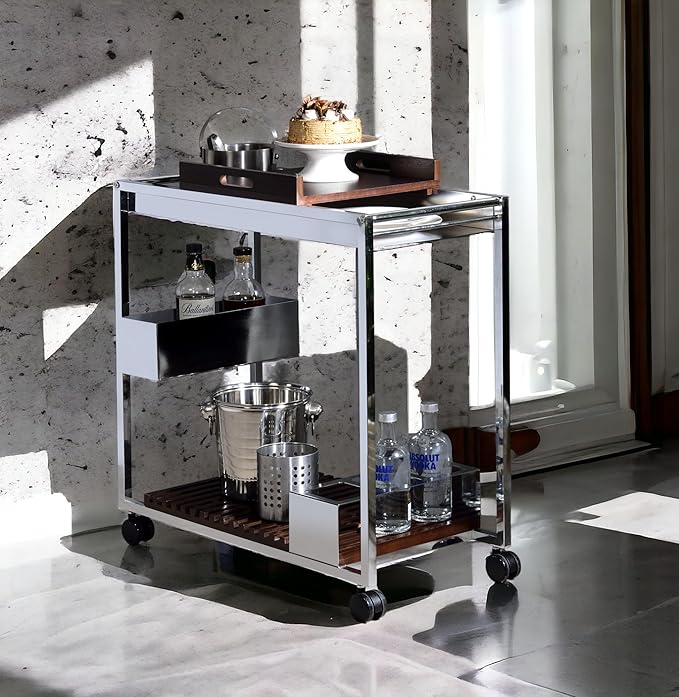Lisses Chrome Finish Modern Bar Cart with Wood Shelves, Metal Frame, Wine Rack Storage, 30x16x31 Inch, Rolling Wheels, Walnut