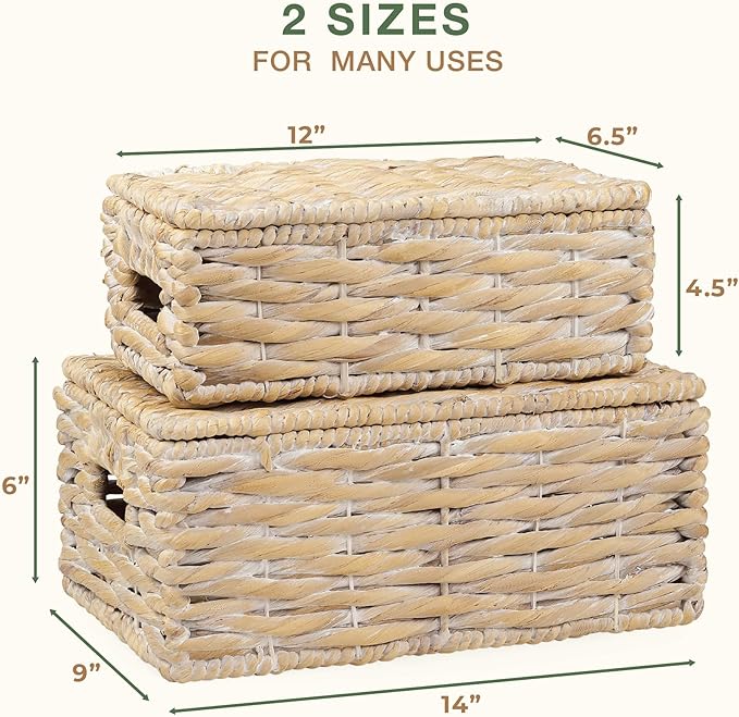 Set of 2 White Wicker Baskets with Lid