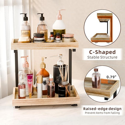 2-Tier Bathroom Counter Organizer with Suction Cups - Non-Slip Vanity Countertop Organizers for Makeup, Perfume & Skincare, Wooden Counter Storage Shelf for Bathroom, Sink, Kitchen