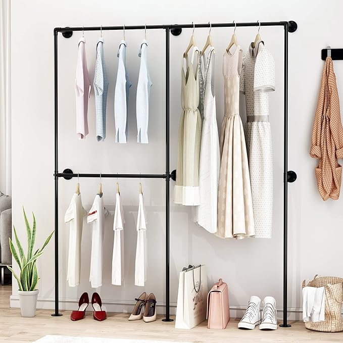 DR.IRON Industrial Pipe Clothing Racks with Double Bar, Industrial Black Clothes Racks Wall Mounted, Heavy Duty Closet Rods for Hanging Clothes Organizer Storage