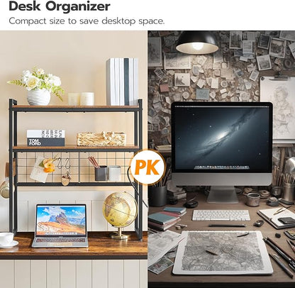 HOOBRO Desktop Bookcase, 2-Tier Desktop Organizer, 29.9" Wooden Office Storage Rack with Outlets, Display Shelf Rack with Light Strip, Desk Hutch for Office, Rustic Brown BF11UDSJ01