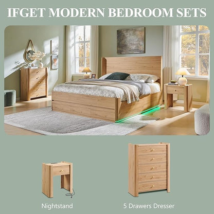 IFGET 23.6" Tall Modern Nightstand with Charging Station, 22" Wide Curved Bedside Table with 1 Storage Drawer, Wooden Night Stand, Large End Table for Bedroom, Living Room, Natural