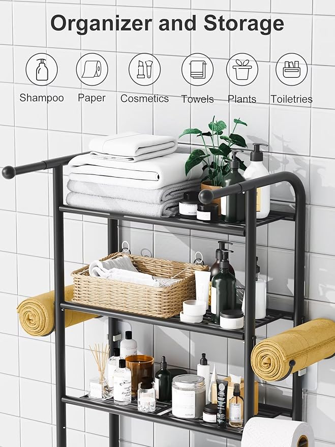 JUKAMO 3-Tier Over The Toilet Storage Shelf，Bathroom Organizers and Storage Over Toilet，Metal Bathroom Space Saver with 2 Bars，1 Paper Holder and 4 Hooks,Black
