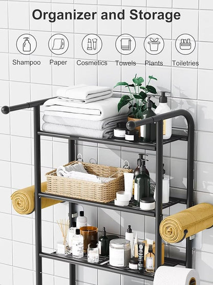 JUKAMO 3-Tier Over The Toilet Storage Shelf，Bathroom Organizers and Storage Over Toilet，Metal Bathroom Space Saver with 2 Bars，1 Paper Holder and 4 Hooks,Black