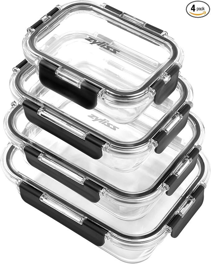 Zyliss E981067 4 Piece Glass Container Set, Shatterproof Glass, Airtight Food Storage Boxes with Sealable Lid, Microwave Safe, BPA Free, Freezer Safe, Fridge Storage, Food Container