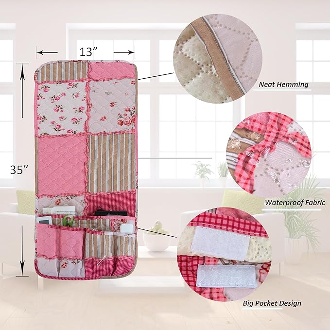 luckyjoyreal Armchair Caddy for Couch Remote Control Holder Non-slip Sofa Armset Organizer Caddy Storage for Recliner Couch 5 Pocket for Cell Phone Magazine 35"x13" Pink Vintage 1 Piece