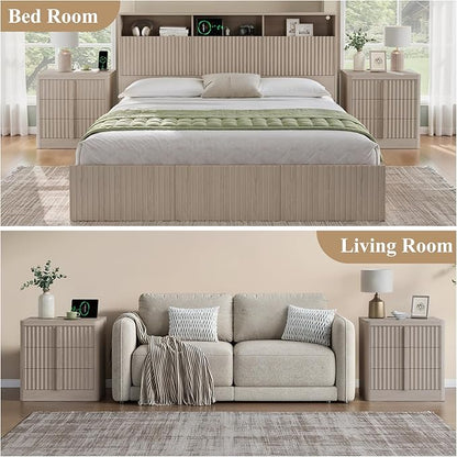 Harpaq Fluted Nightstand Set of 2 with Charging Station, 23.6" Wood End Table with Solid Wood Handle, Mid Century Moden Bedside Table 3 Drawer Dresser for Bedroom, Living Room, White Alder