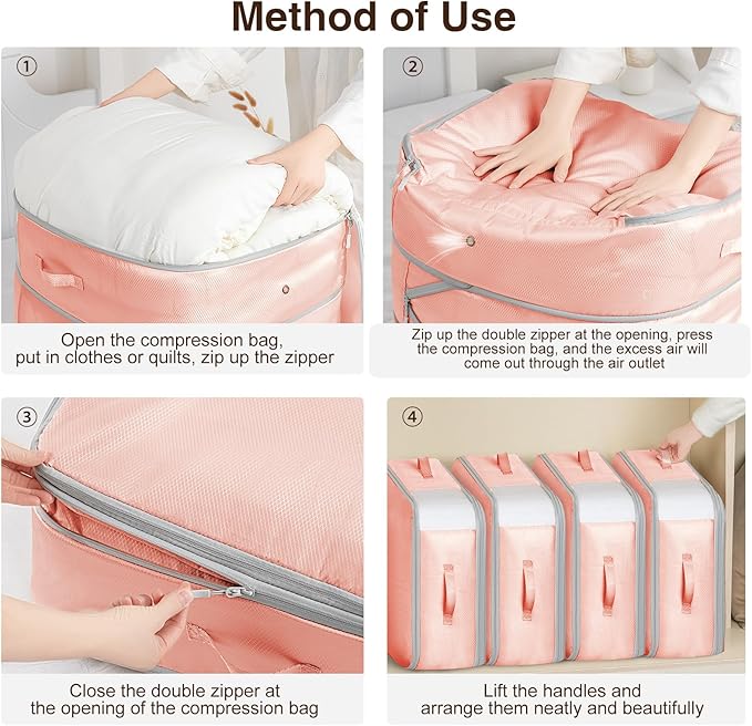 Homsorout 4 Pack Compression Storage Bags - 110L Large Capacity Comforter Storage Bag, 3-Layer Washable Ultra Space Saving Self Compression Organizer Space Bags for Blankets, Sweaters, Sheets, Pink