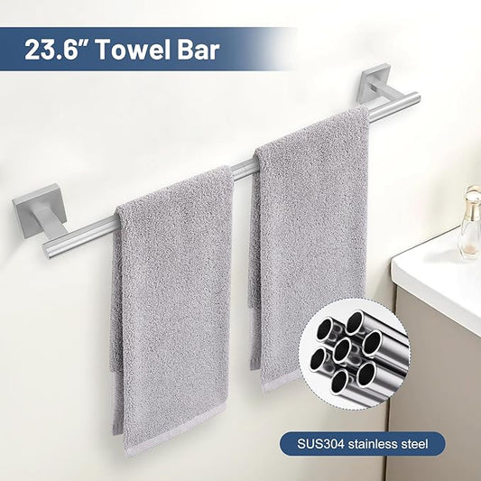 TURS Brushed Nickel 5-Pieces Bathroom Hardware Set SUS304 Stainless Steel Towel Bar Set Wall Mounted 23.6 Inch Towel Racks for Bathroom Squared