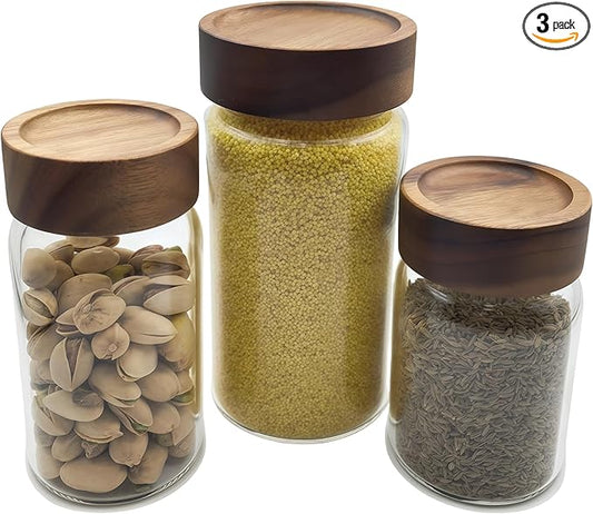 3pcs Airtight Glass Storage Jars with Acacia Wood Lids Kitchen Storage Tank for Grains Sugar Coffee Tea Spices