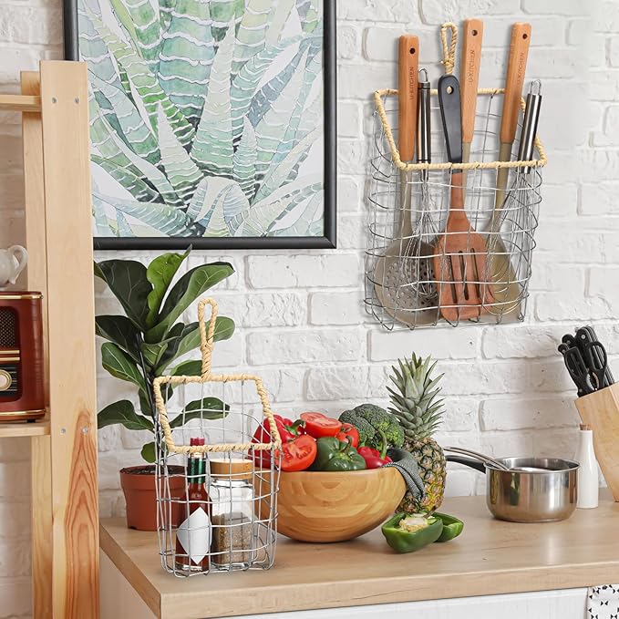 2 Pcs Hanging Storage Baskets Iron Wire Handwoven Wall Baskets with Wicker Hook Rustic Wall Mounted Organizer for Organizing Mail Files Accessories Kitchen Bathroom Pantry Farmhouse Decor