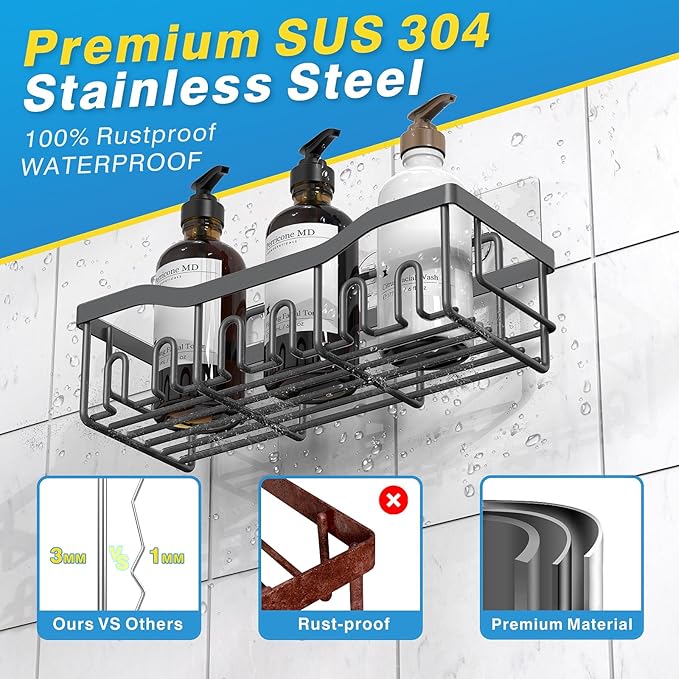 EUDELE 5-Pack Rustproof Stainless Steel Shower Caddy – No Drill Adhesive Bathroom Organizer with Large Capacity, Spacious Shower Shelves for Inside Shower, Kitchen & Home Decor Storage-XL Size