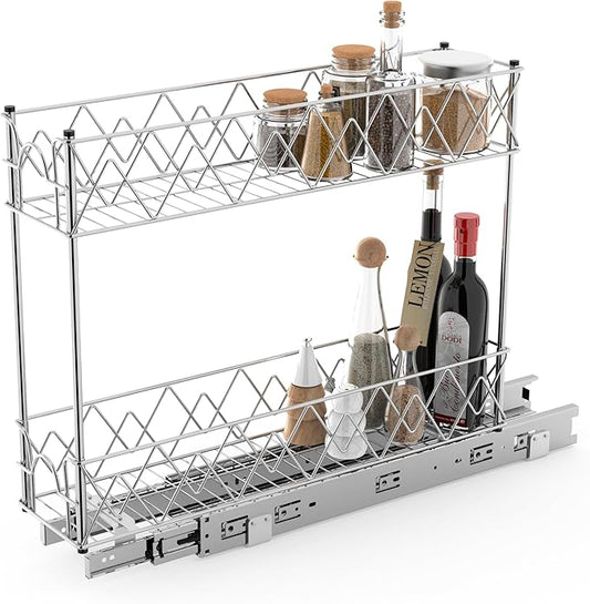 Narrow Pull Out Cabinet Organizer - 5" W x 21" D, 2-Tier Kitchen Cabinet Drawer Slide Out Shelves, Chrome