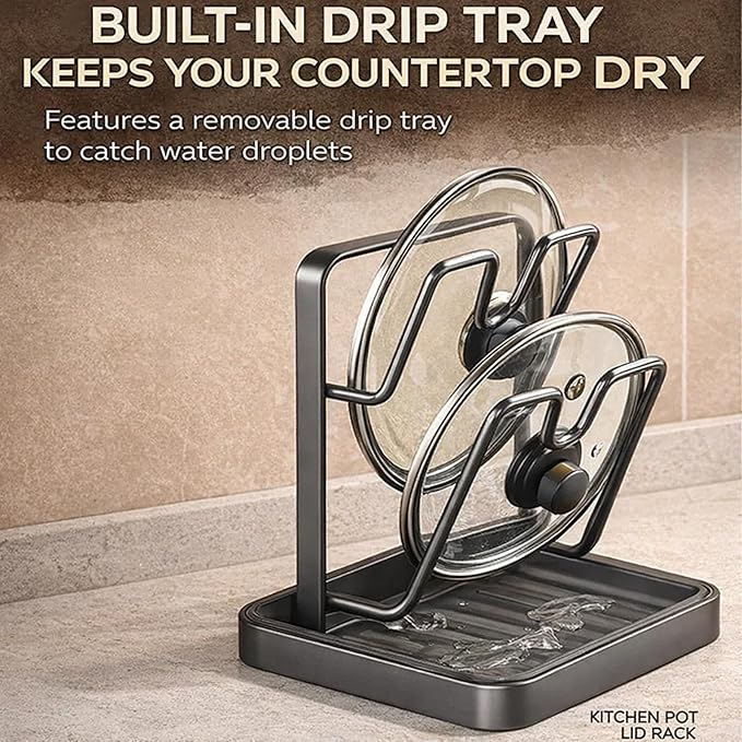 Kitchen Pot Lid Storage Rack with Tray, Multifunctional Kitchen Pot Lid Holder While Cooking, Rust-Resistant Pot Lid Organizer Rack for Counter, Pans & Lids, Prevent Messes, Space-Saving (StyleA)