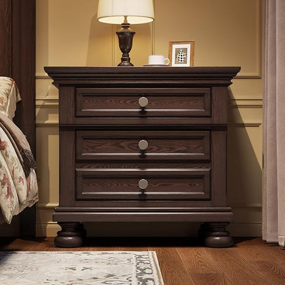 AMERLIFE Fully Assembled Nightstand, Solid Wood End Table with 2 Storage Drawers, 26" Extra Large Traditional Bedside Cabinet for Bedroom, Dark Brown