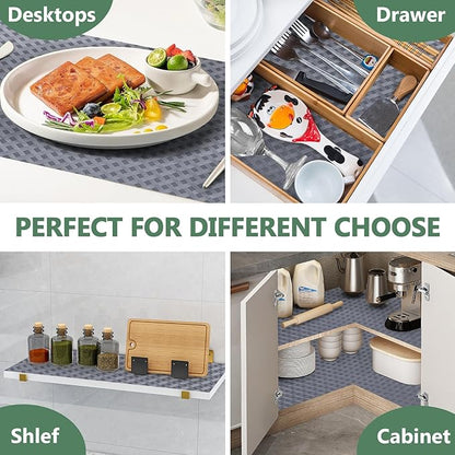 Shelf Liners, Non-Adhesive Drawer Liner, Waterproof & Oil-Proof Kitchen Cabinet Cupboard Liner Plastic EVA Material BPA Free Fridge Liner Mats Paper Protector for Shelves (Grey/12in x 120in)