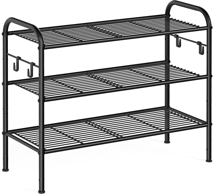SONGMICS Shoe Rack, 3-Tier Shoe Organizer, Metal Shoe Shelf Storage with 4 Side Hooks, Holds 12 Pairs of Shoes, Height-Adjustable Shoe Rack for Entryway, Hallway, Closet, Ink Black ULMR068B01