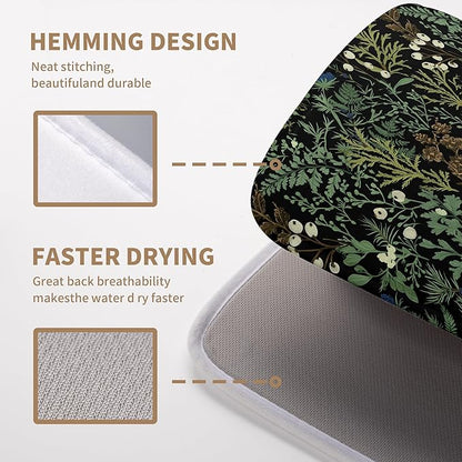 Black Sage Green Plant Dish Drying Mat for Kitchen Counter Vintage Botanic Fern Leaves Floral Dish Drainer Mats Absorbent Microfiber Dishes Pad Reusable Washable Large Dish Draining Mat 18x24 Inch
